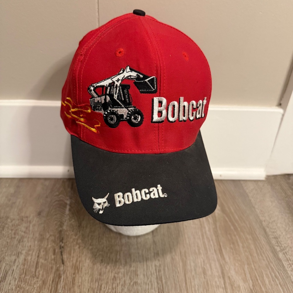 Bobcat Heavy Equipment Snapback Hat Red Black Skid Steer Flame Embroidered Cap
